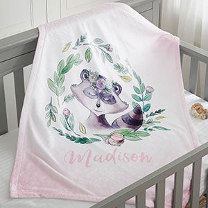 Woodland Floral Raccoon Personalized Plush Fleece Baby Blanket - 20254-R