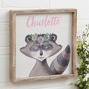 Woodland Floral Raccoon 12x12 Personalized Rustic Wall Art - 20687-R-12x12