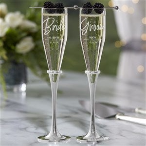 Radiant Rose Gold Etched Wedding Champagne Flute Set