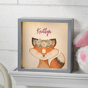 Woodland Floral Fox Personalized Grey LED Shadow Box- 6