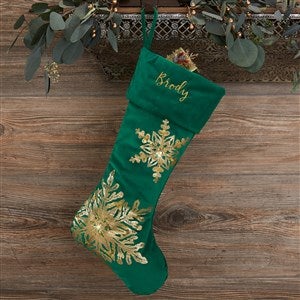 Glistening Snowflake Personalized Green Christmas Stocking