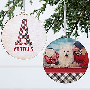 Farmhouse Christmas Buffalo Plaid Monogram Photo Ornament-3.75 Wood - 2 Sided - 21708-2W