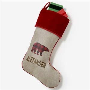 Cozy Cabin Buffalo Check Personalized Burgundy Christmas Stockings - 21844-B