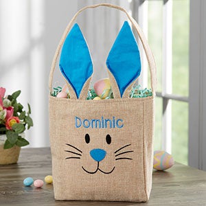 Bunny Face Personalized Blue Burlap Easter Treat Bag - 22576-B