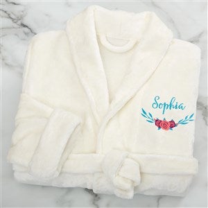 Floral Embroidered Short Ivory Fleece Robe - 22977-I