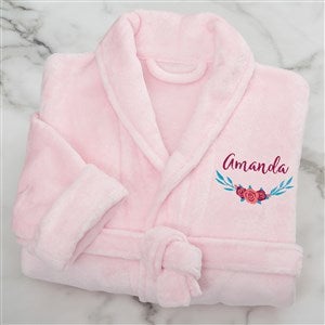 Floral Embroidered Short Pink Fleece Robe - 22977-P