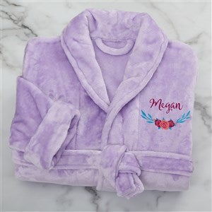 Floral Embroidered Short Purple Fleece Robe - 22977-PR