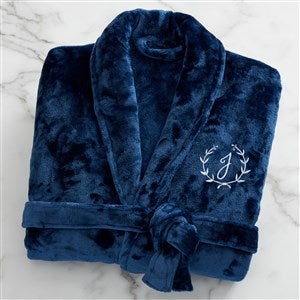 Floral Wreath Embroidered Luxury Navy Fleece Robe - 23200-N