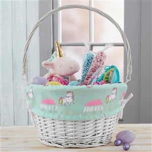 Unicorn Adventure Personalized Natural Easter White Basket with Folding Handle - 23377-W