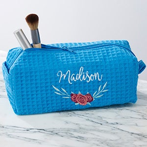 Floral Personalized Aqua Waffle Weave Makeup Bag - 23871-A