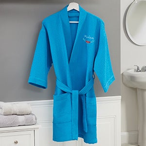 Floral Embroidered Aqua Waffle Weave Kimono Robe - 23872-RA