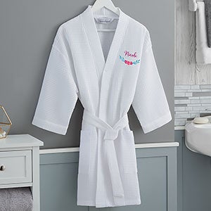 Floral Embroidered Plus Size White Waffle Weave Kimono Robe - 23872-RXW