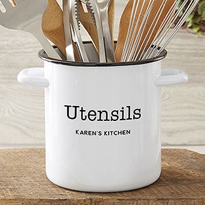 Personalized White Enamel Kitchen Utensil Holder - 24038-U