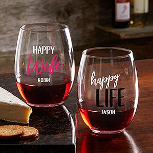 Happy Wife, Happy Life Personalized Stemless Wine Glass - 24187-S