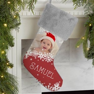 Snowflake Personalized Grey Faux Fur Christmas Photo Stocking - 24586-GF