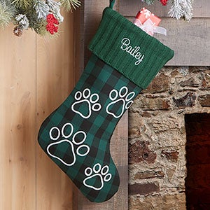 Buffalo Check Paw Prints Personalized Green Dog Christmas Stocking - 24603-G
