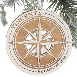 Compass Engraved Natural Whitewash Wood Ornament - 24816-W