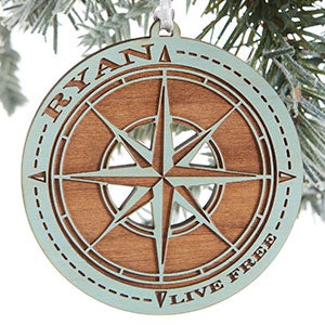 Compass Engraved Natural Blue Stain Wood Ornament - 24816-B