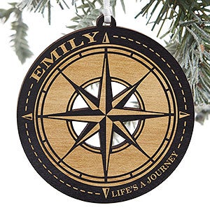 Compass Engraved Natural Black Stain Wood Ornament - 24816-BLK