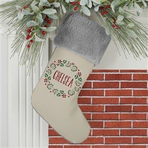 Christmas Wreath Personalized Grey Faux Fur Christmas Stocking - 24823-GF