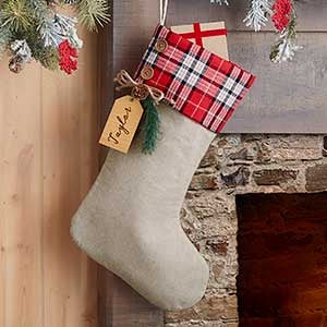 Red Plaid Evergreen Personalized Stocking Alderwood Tag- Natural - 25224-RN