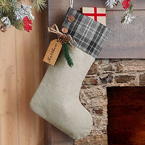 Grey Plaid Evergreen Personalized Stocking Alderwood Tag- Natural - 25224-GN