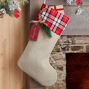 Red Plaid Evergreen Personalized Stocking - Red Maple Wood Tag - 25224-RR