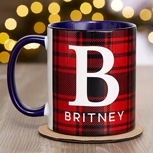 Christmas Plaid Personalized Coffee Mug - 11 oz Blue - 25358-BL