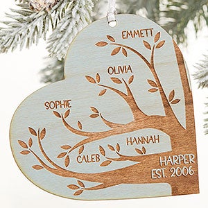 Family Tree Personalized Blue Stain Wood Heart Ornament - 26131-B