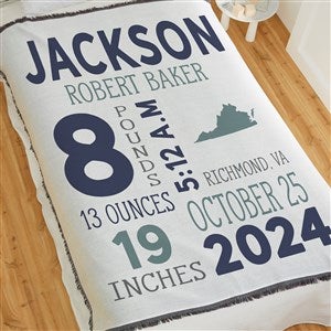 State Icon Birth Stats Personalized 56x60 Woven Throw Baby Blanket - 26207-A