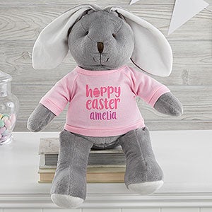 Hoppy Easter Personalized Plush Grey Bunny  Pink Shirt - 26486-GP