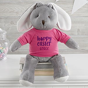 Hoppy Easter Personalized Plush Grey Bunny - Raspberry Shirt - 26486-GRS