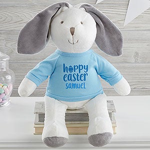 Hoppy Easter Personalized Plush White Bunny - Blue Shirt - 26486-WB