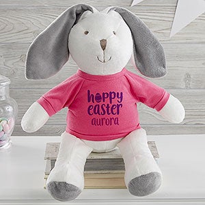 Hoppy Easter Personalized Plush White Bunny - Raspberry Shirt - 26486-WRS