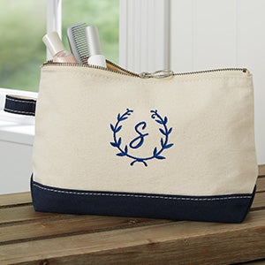 Floral Wreath Embroidered Canvas Makeup Bag - Navy - 26541-N