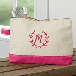Floral Wreath Embroidered Canvas Pink Makeup Bag - 26541-P