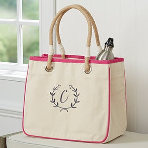 Floral Wreath Embroidered Canvas Rope Tote- Pink - 27000-P