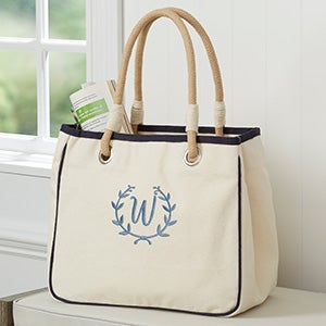Floral Wreath Embroidered Canvas Rope Tote- Navy - 27000-N