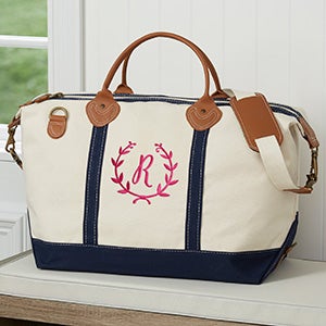 Floral Wreath Embroidered Canvas Duffel- Navy - 27001-B