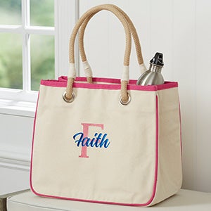Playful Name Embroidered Canvas Rope Tote - Pink - 27003-P