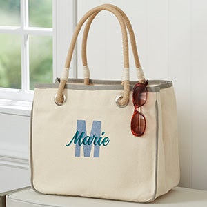 Playful Name Embroidered Canvas Rope Tote - Grey - 27003-G