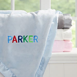 Rainbow Name Embroidered Blue Satin Trim Baby Blanket - 27207-B