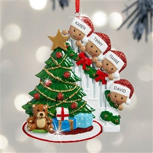 Peeking Christmas Family Personalized Ornament - 4 Names - Dark Skin Tone - 27753-4D