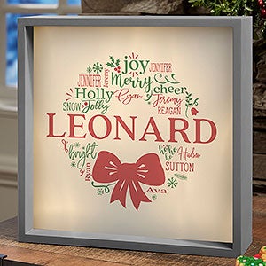 Merry Mistletoe Wreath Personalized LED Grey Shadow Box - 10x10 - 27779-G-10x10