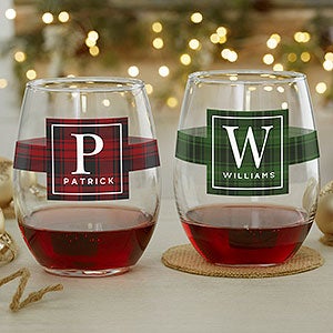 Christmas Plaid Personalized 21 oz Stemless Wine Glass - 27792-S