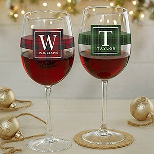 Christmas Plaid Personalized Red Wine Glass - 27792-R