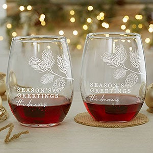 Festive Foliage Christmas Engraved 12oz Stemless Wine Glass - 27799-S