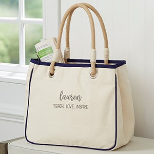 Scripty Style Embroidered Canvas Rope Tote - Navy - 28033-N