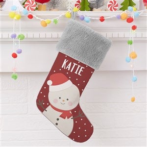 Holly Jolly Snowman Personalized Grey Faux Fur Christmas Stocking - 28053-GF