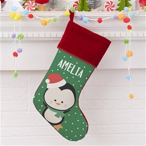 Holly Jolly Penguin Personalized Burgundy Christmas Stocking - 28055-B